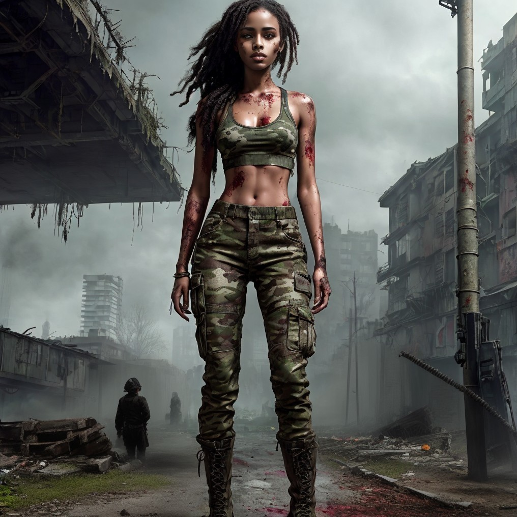 Resilient Woman in Post-Apocalyptic Urban Landscape