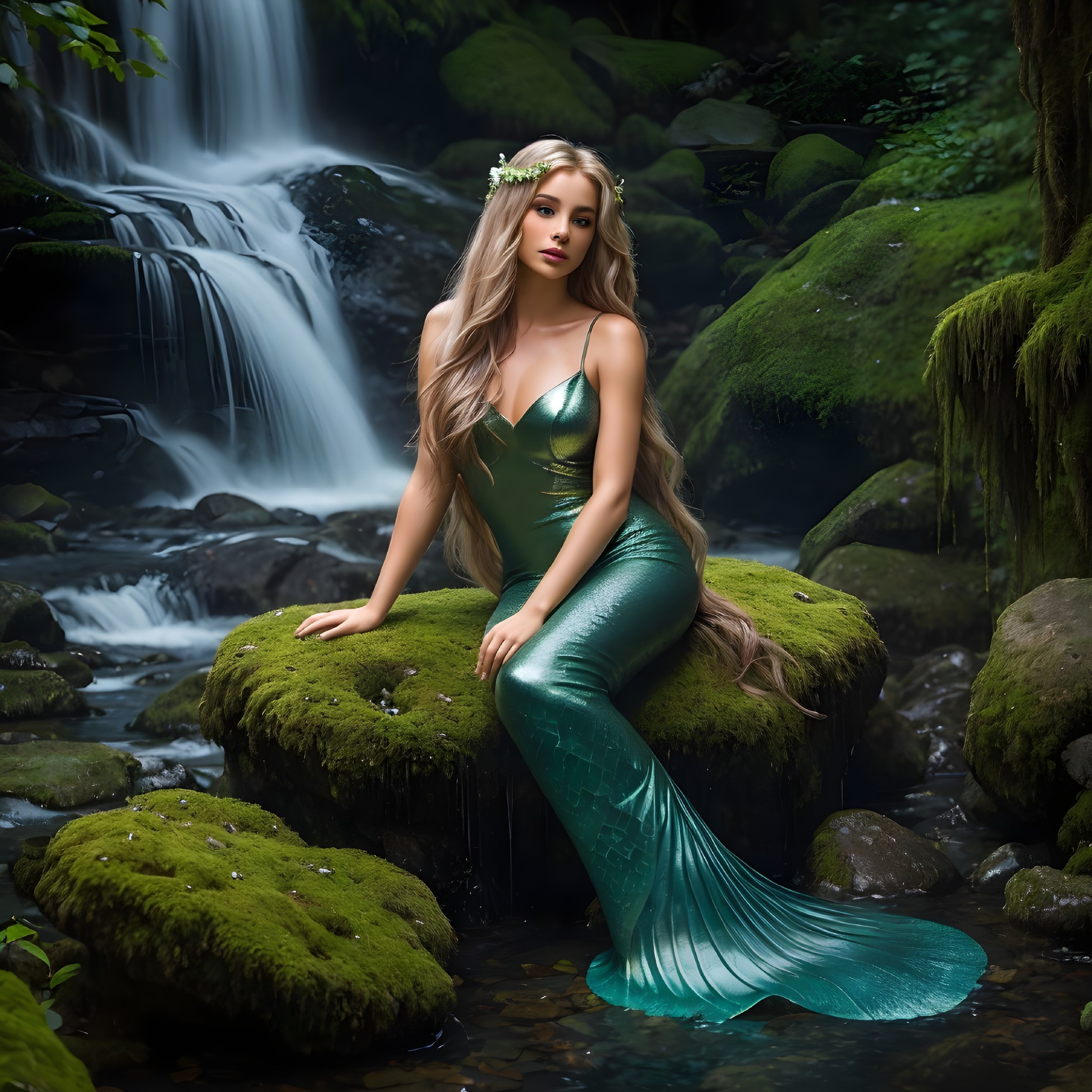 Mermaid by Waterfall in Enchanted Forest Setting