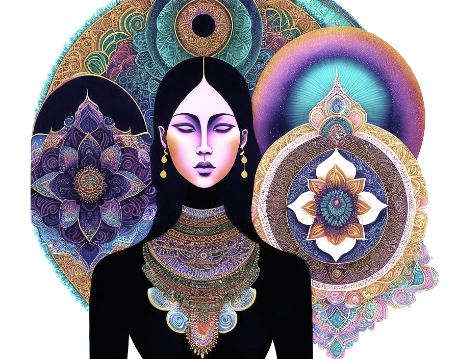 Elegant woman in jewelry surrounded by colorful mandalas