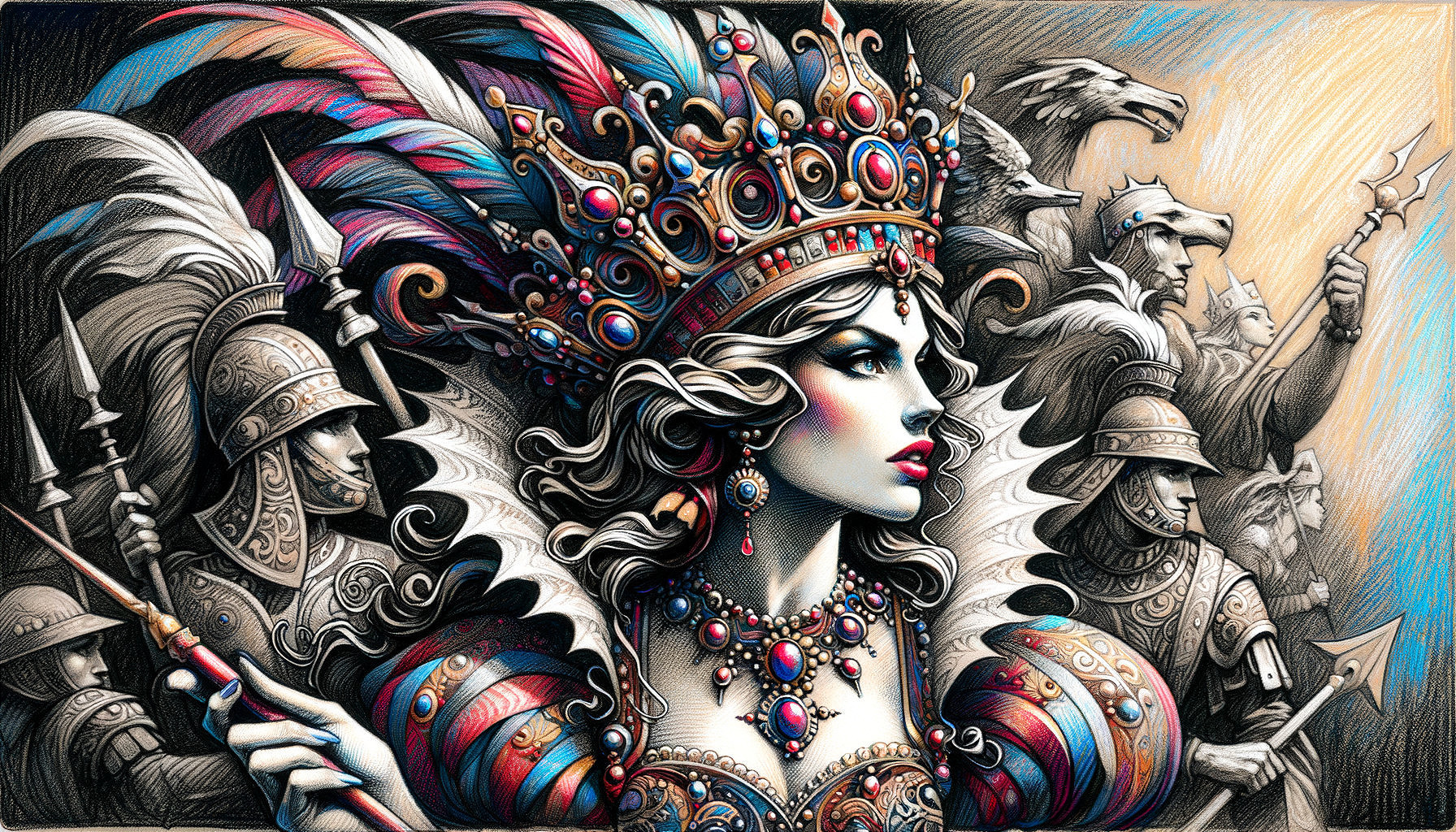 Queen in Feathered Crown Surrounded by Soldiers and Creatures