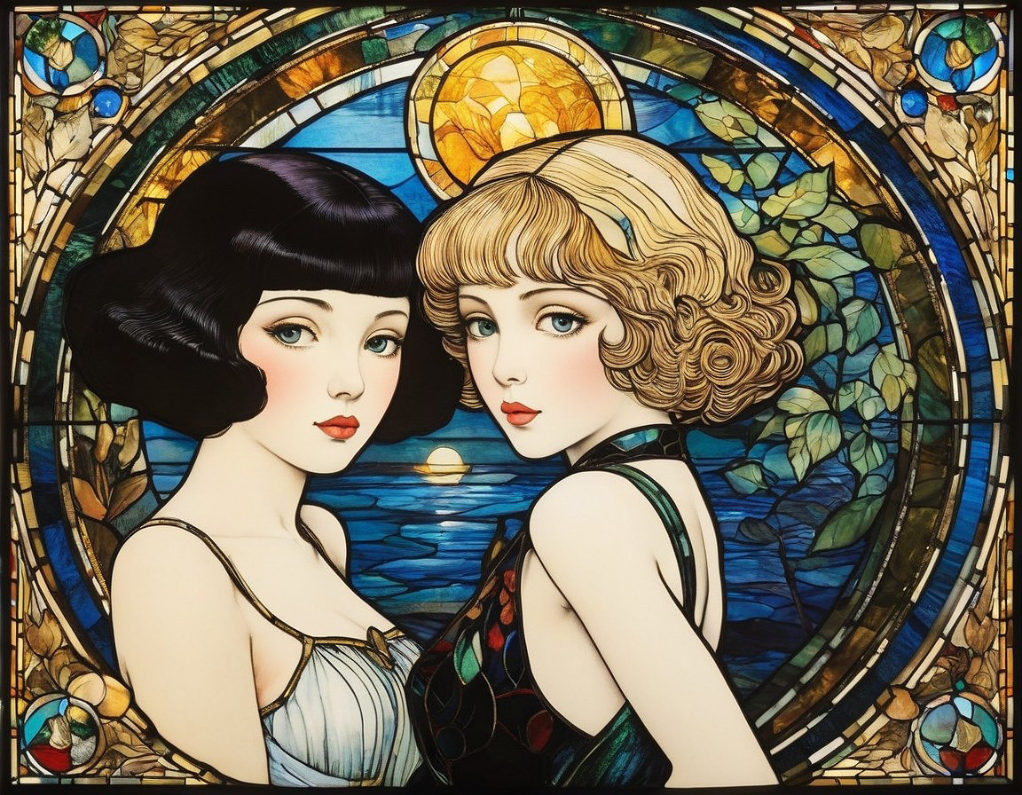 Stained Glass Artwork of Two Elegant Women in Colorful Design