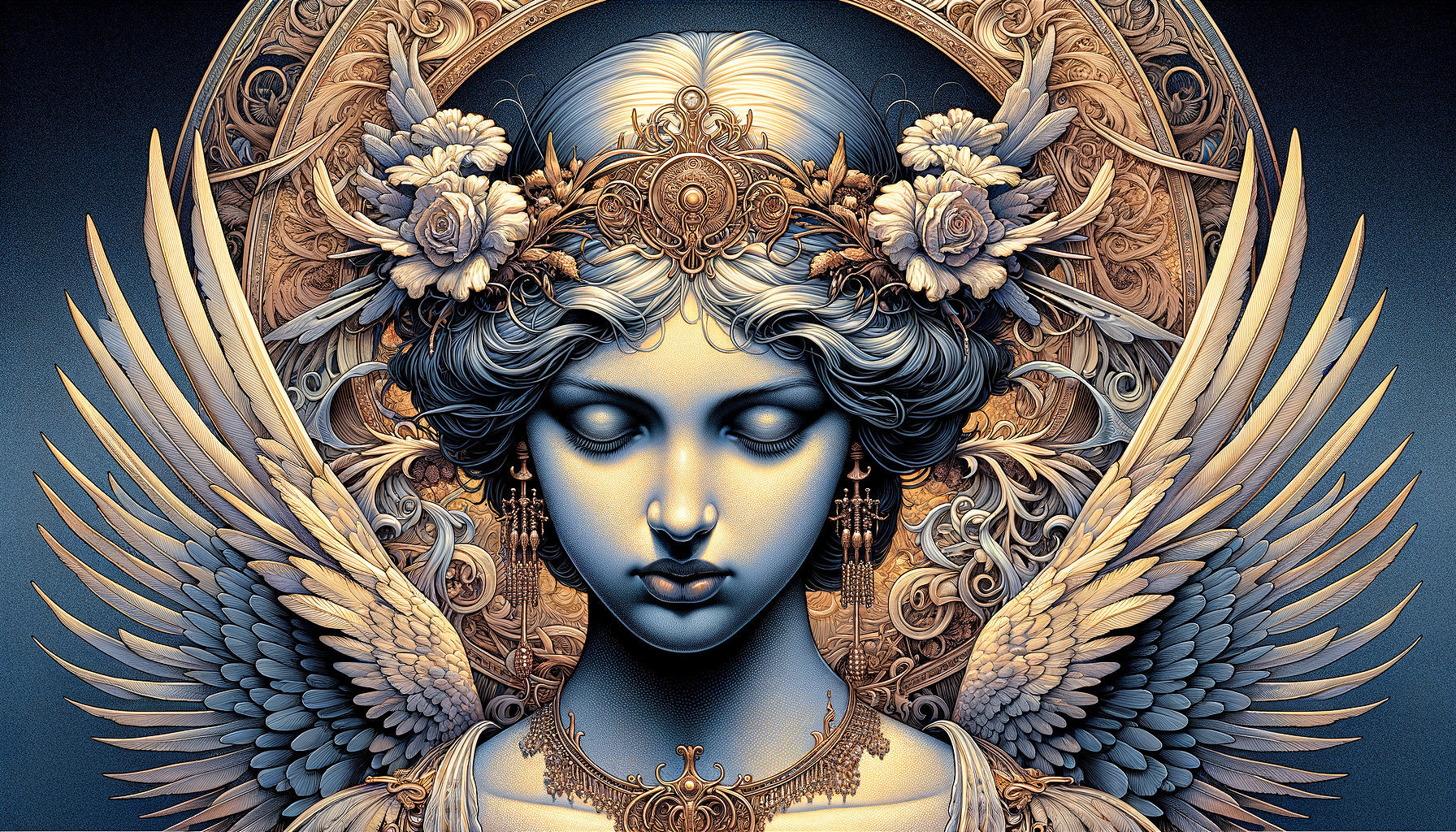 Serene Figure with Flower Crown and Elegant Wings