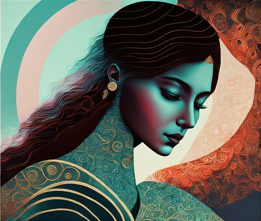 Stylized Female Figure with Flowing Hair and Patterns