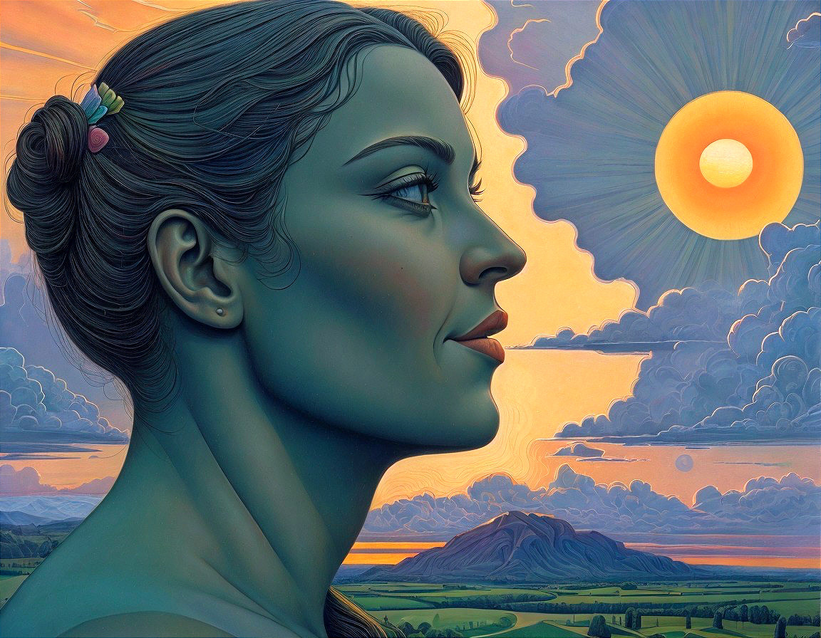 Stylized Side Profile of Woman with Blue Skin and Sunset