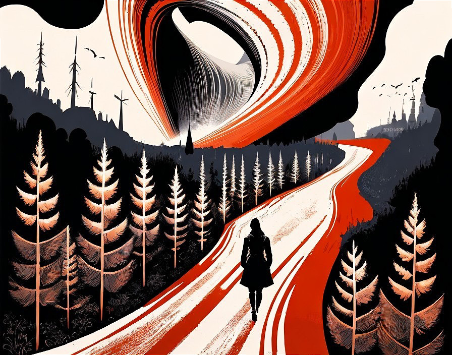 Lone Figure on Winding Road with Dramatic Vortex Sky