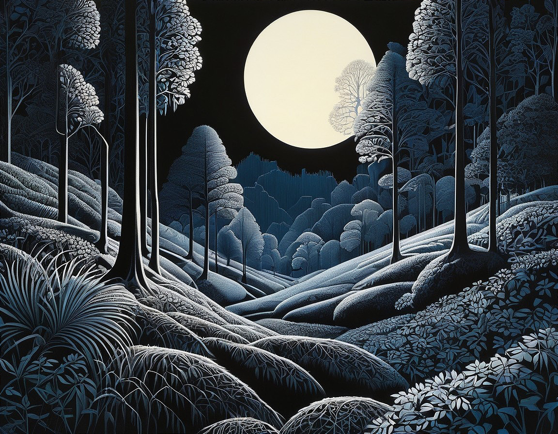 Serene Nocturnal Landscape with Full Moon and Trees