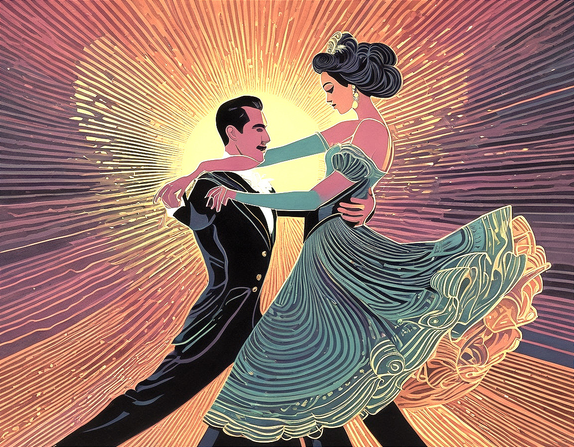 Couple Dancing in Elegant Pose with Golden Backdrop