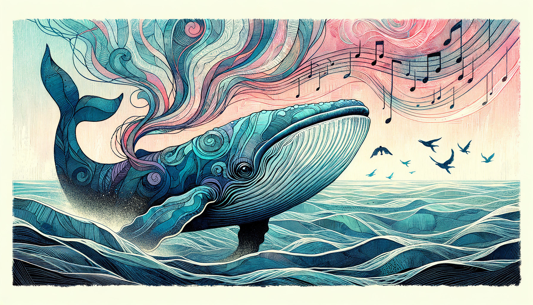 Stylized whale in vibrant waves with musical notes