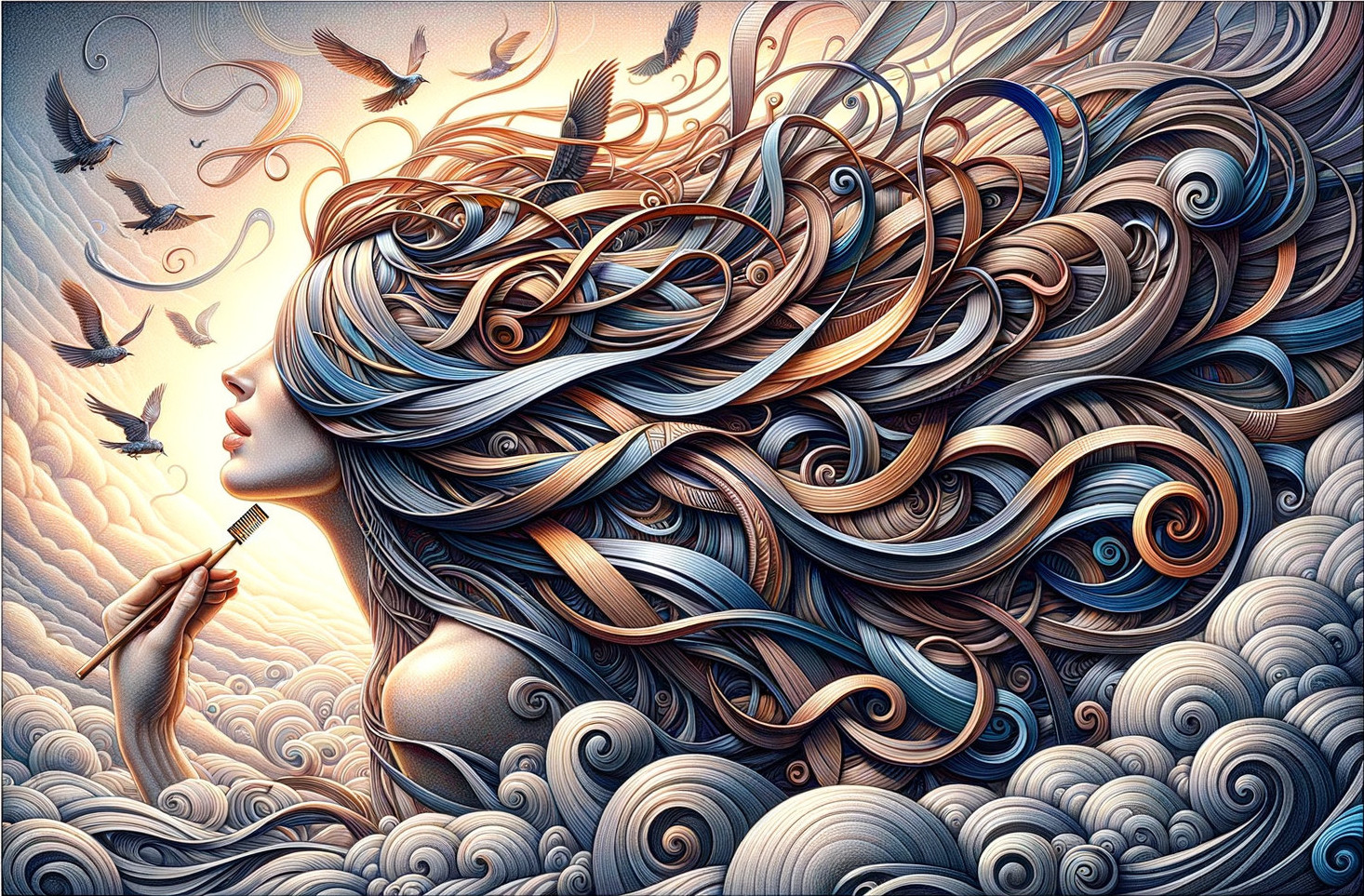 Stylized Female Figure with Intricate Hair and Clouds