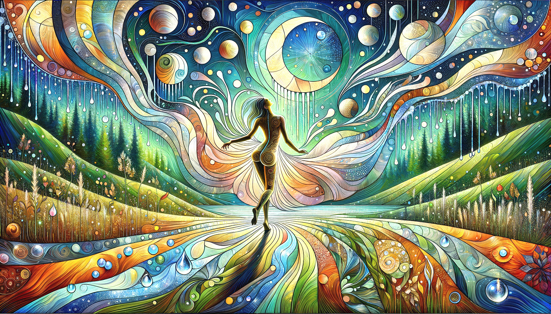 Surreal Landscape with Flowing Stream and Starry Sky