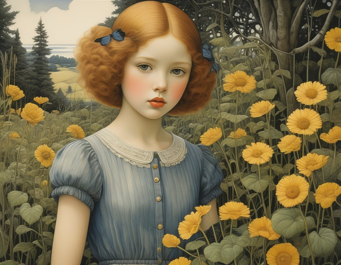 Young girl in blue dress among vibrant sunflowers