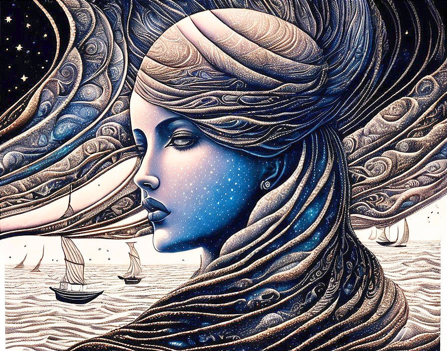 Surreal Portrait of Woman with Celestial Elements
