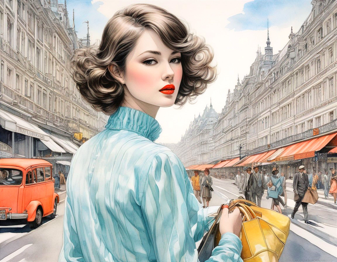 Glamorous Woman in City Scene with Vintage Cars