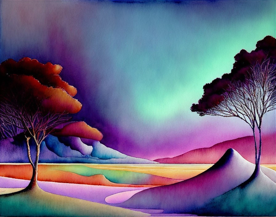 Vibrant Dreamy Landscape with Silhouetted Trees