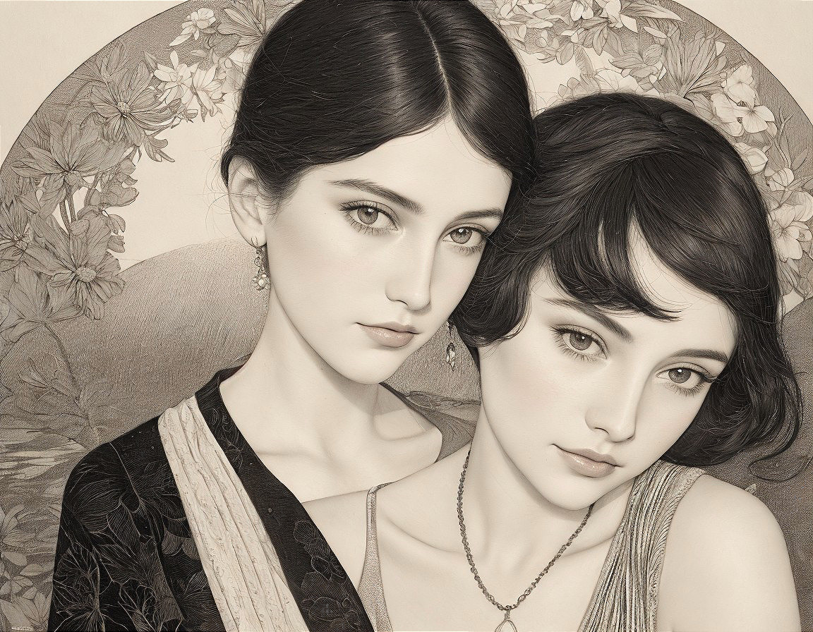 Elegant Women with Floral Motifs and Soft Tones