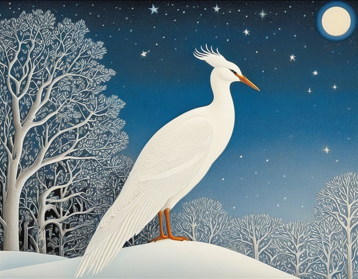 White Heron on Snowy Hill Under Starry Night Sky