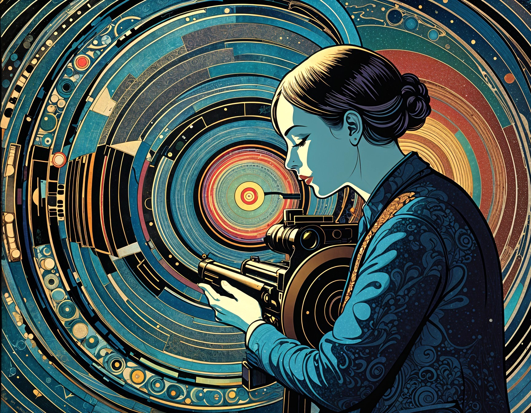 Woman with Vintage Camera Amid Cosmic Patterns