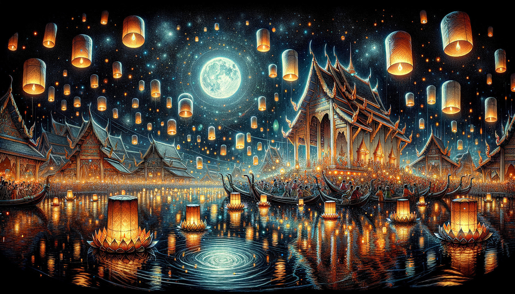Traditional Thai Temple Illuminated by Floating Lanterns