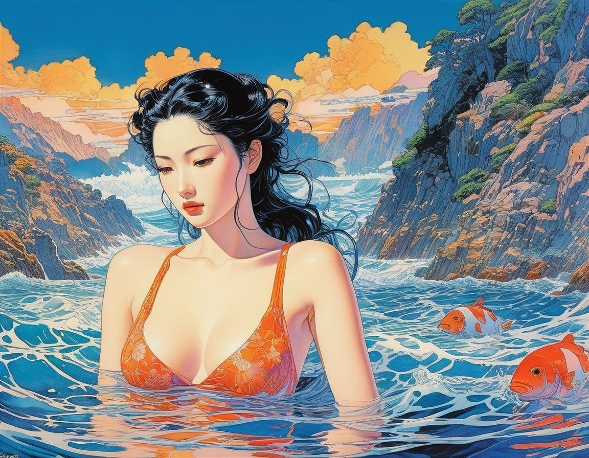 Young Woman in Orange Swimsuit by Calm Ocean Waters