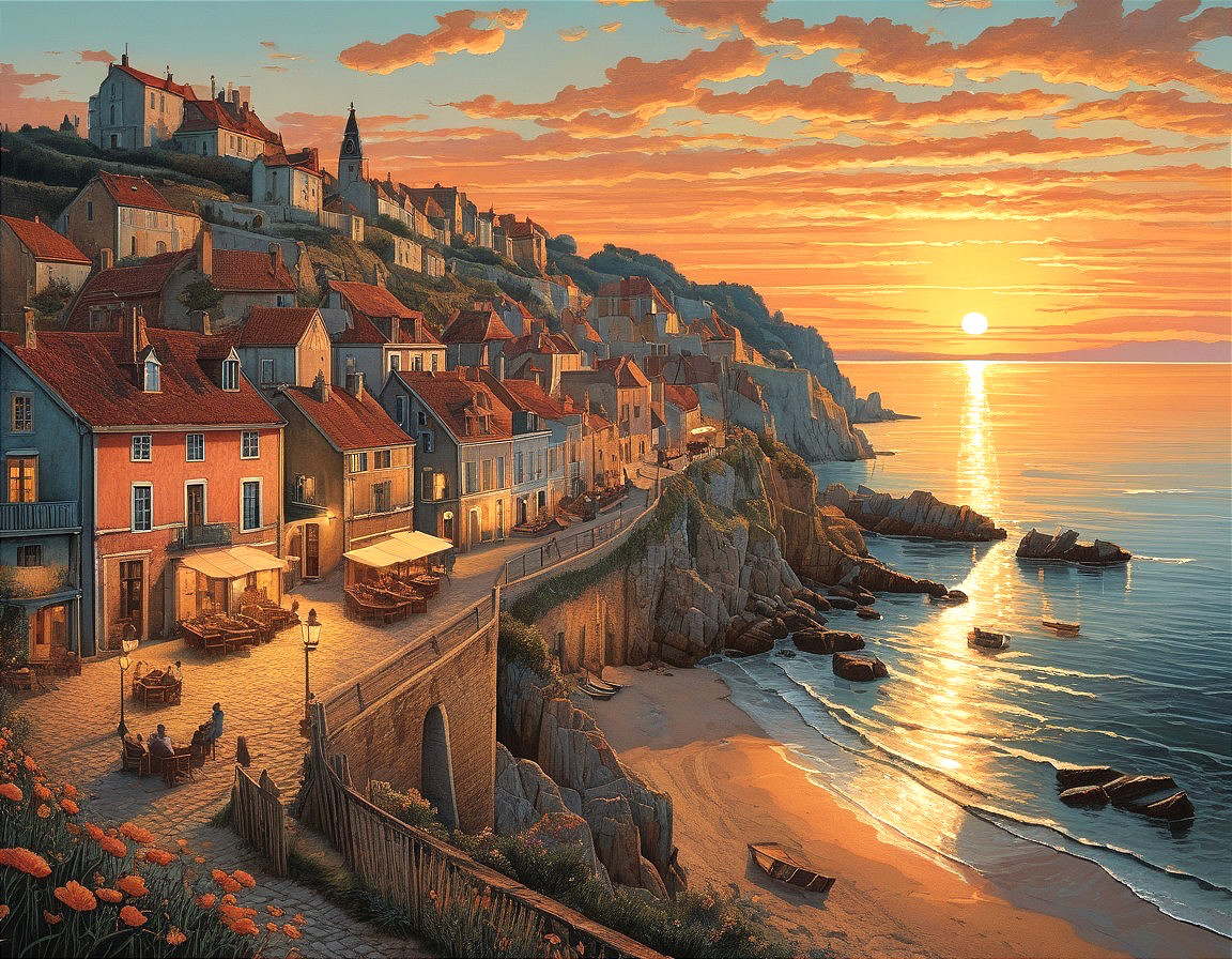 Coastal Village at Sunset with Tranquil Sea and Homes