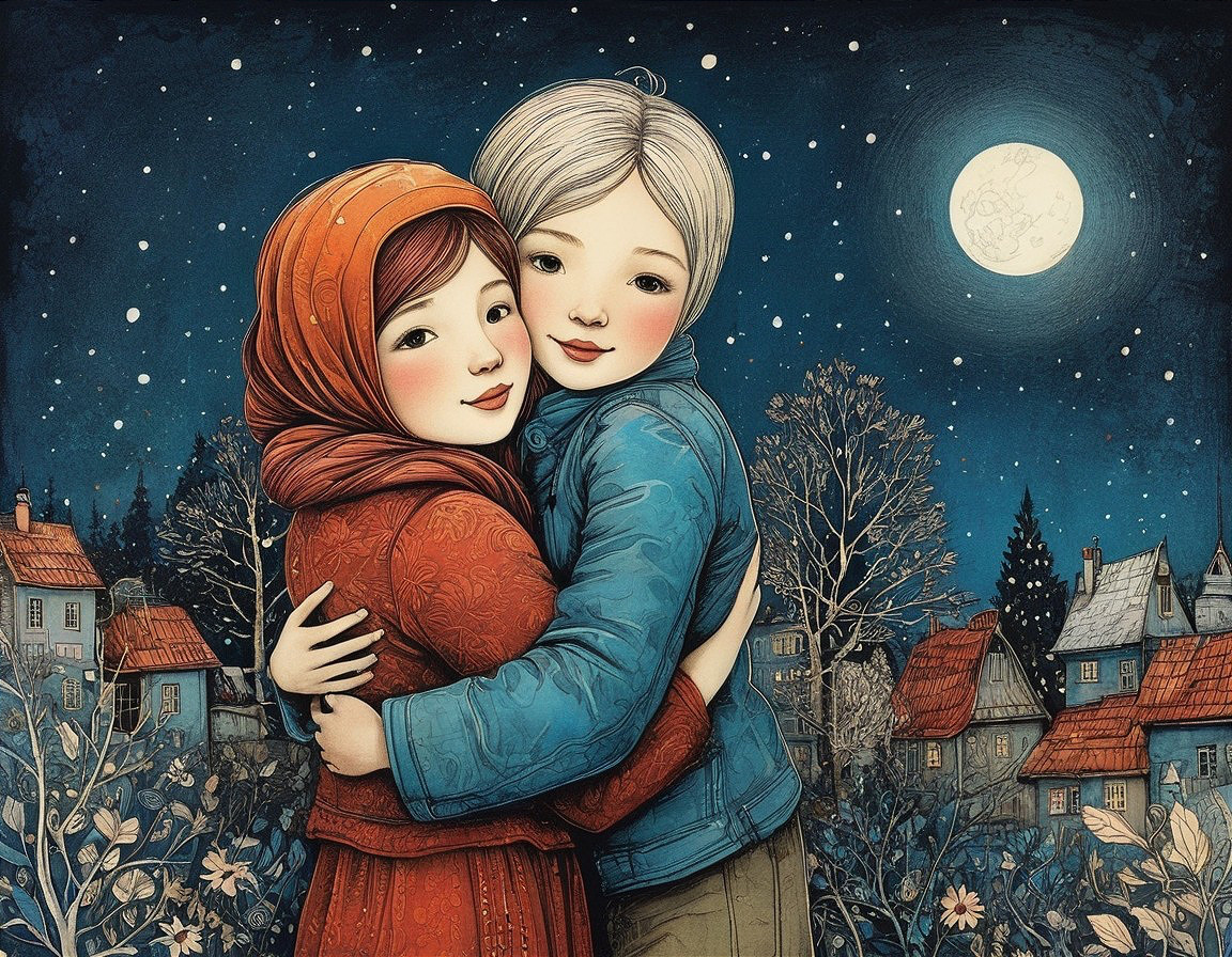 Children Embracing in a Whimsical Winter Scene