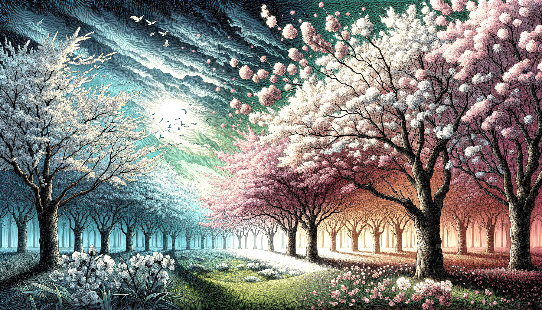Vibrant Dreamlike Tree-Lined Landscape Scene