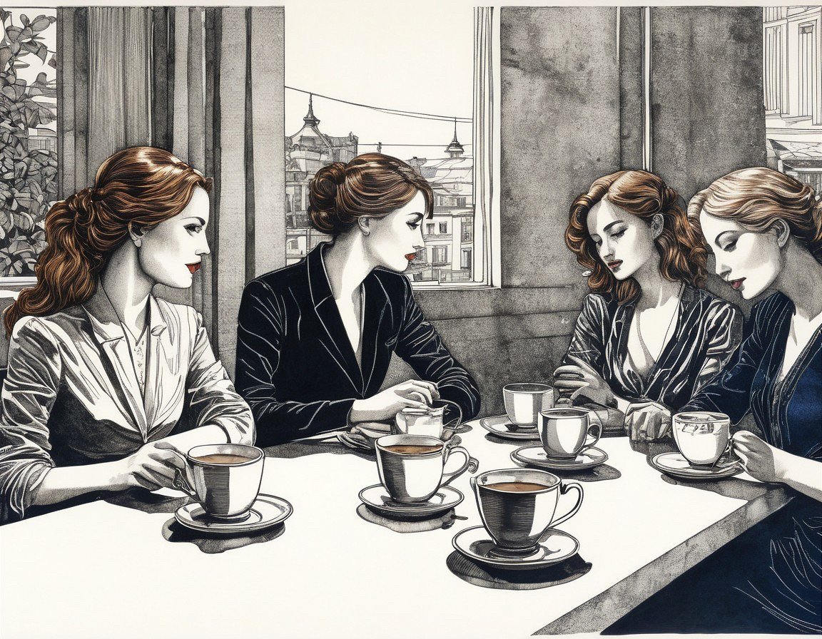 Four Women Seated at Table in Serene Setting