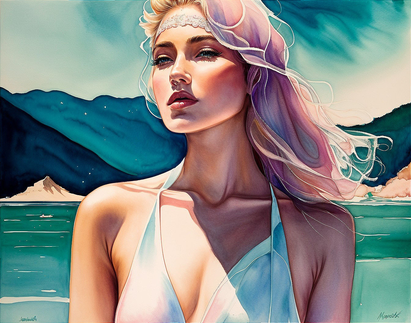 Portrait of a Woman Against Blue Water and Hills