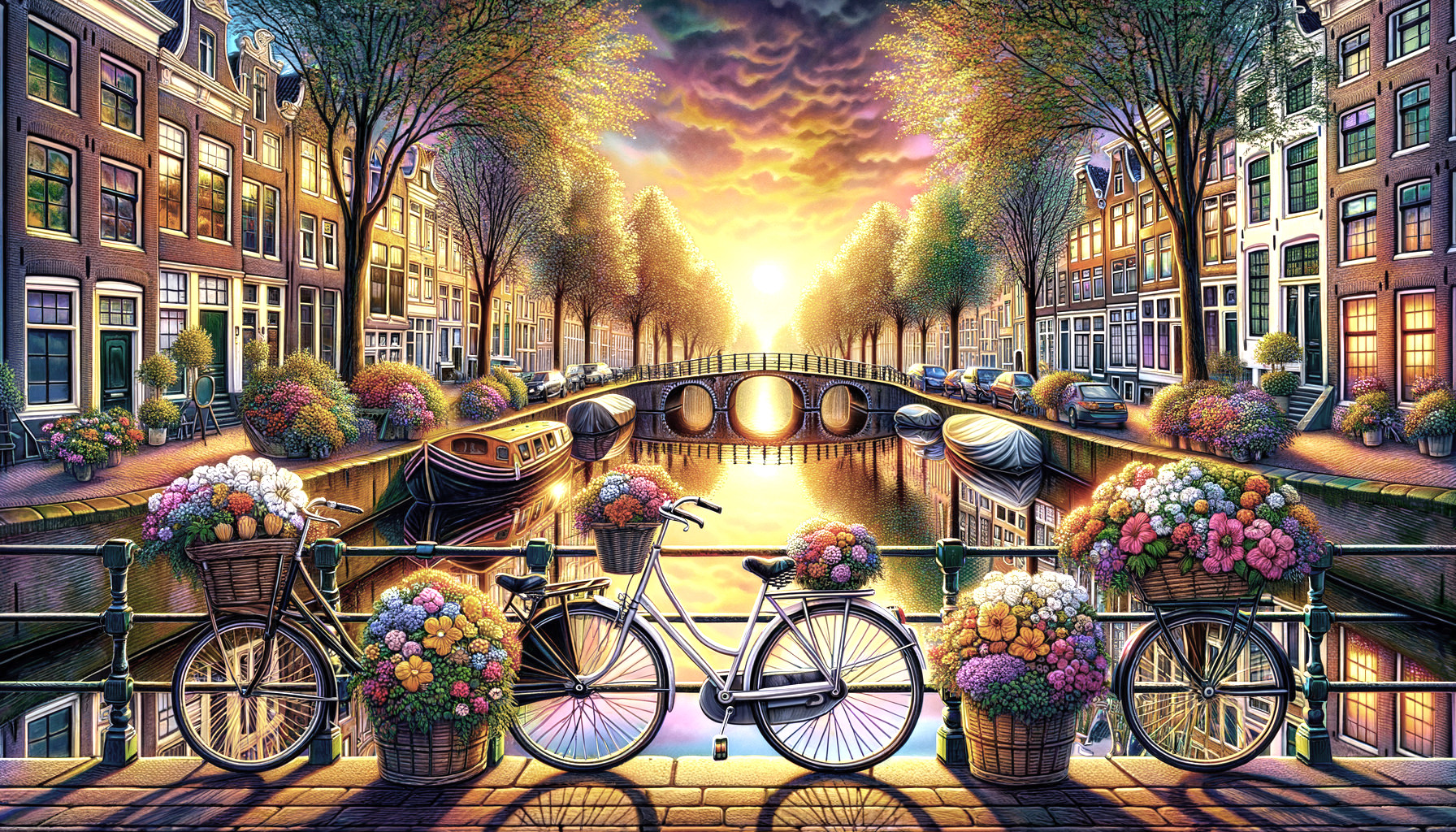 Picturesque Amsterdam Canal with Flower Baskets and Boats