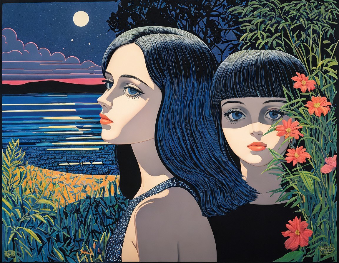 Women in Vibrant Landscape at Dusk with Flowers