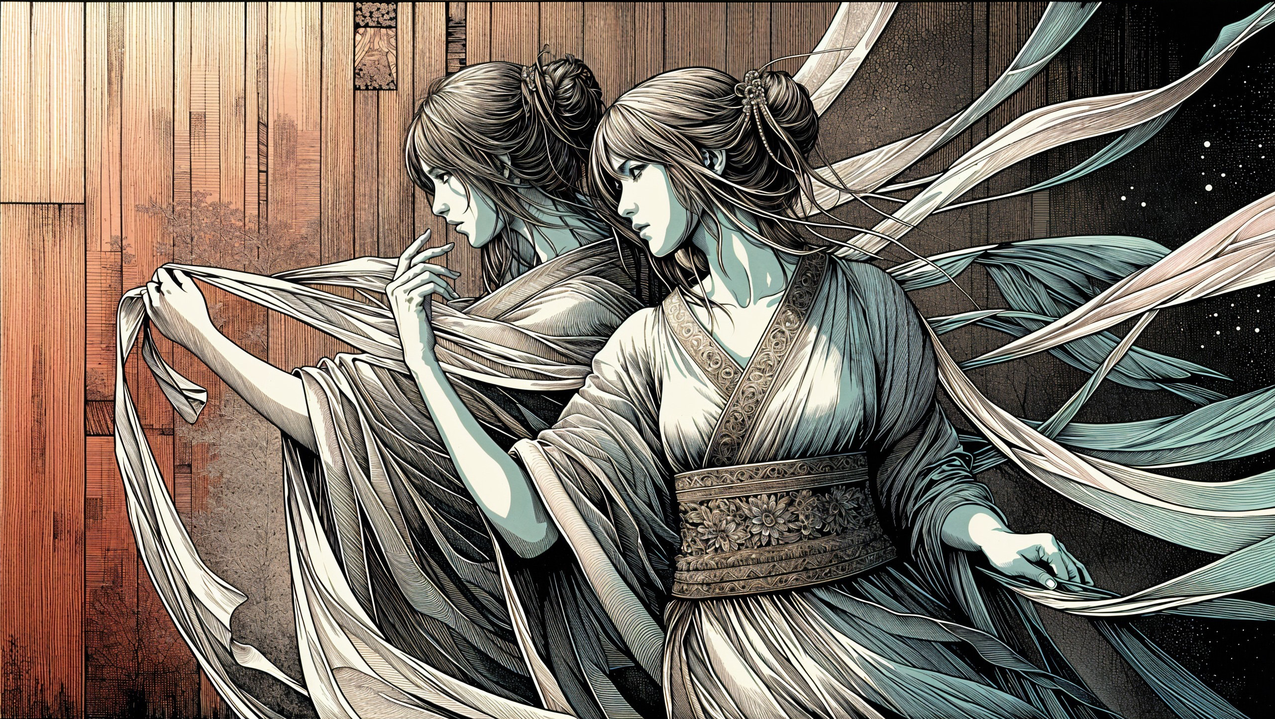 Ethereal Figures in Flowing Robes and Ribbons