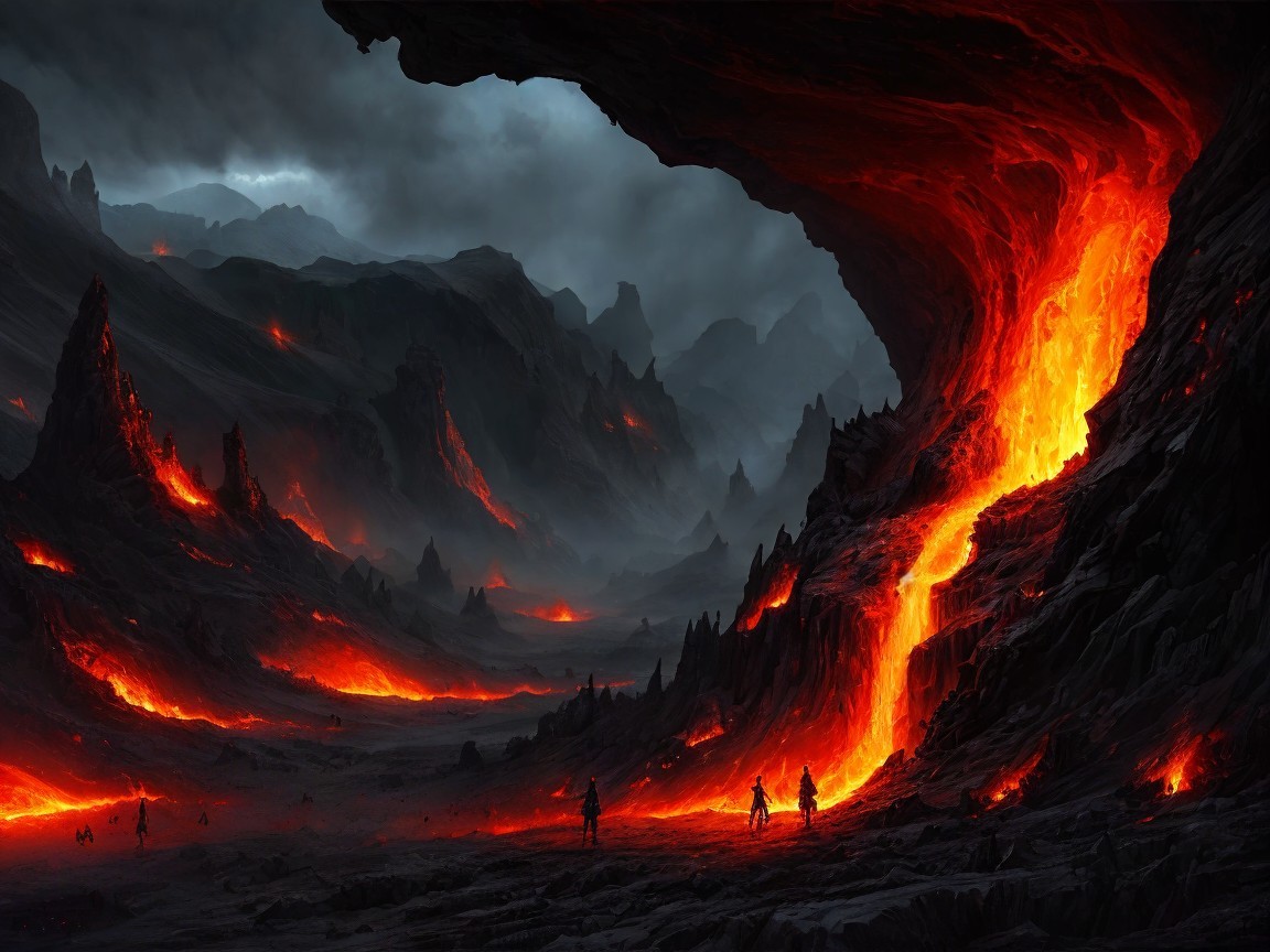 Dramatic Landscape of Lava Flowing Through Canyon