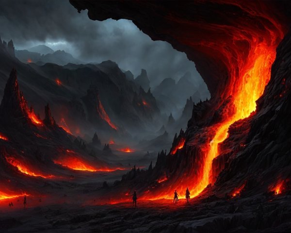 Dramatic Landscape of Lava Flowing Through Canyon