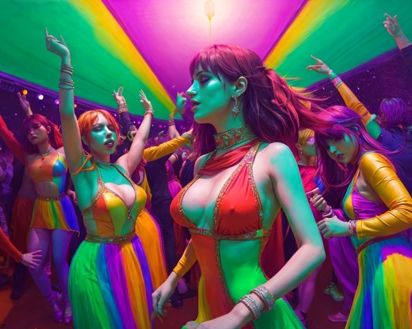 Vibrant Dance Party Scene with Colorful Outfits