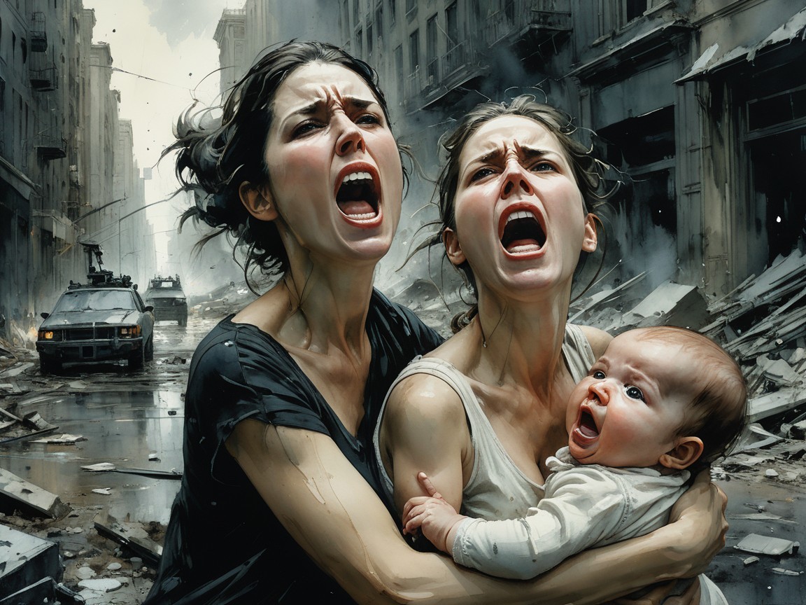Desolate Urban Scene with Two Women in Distress