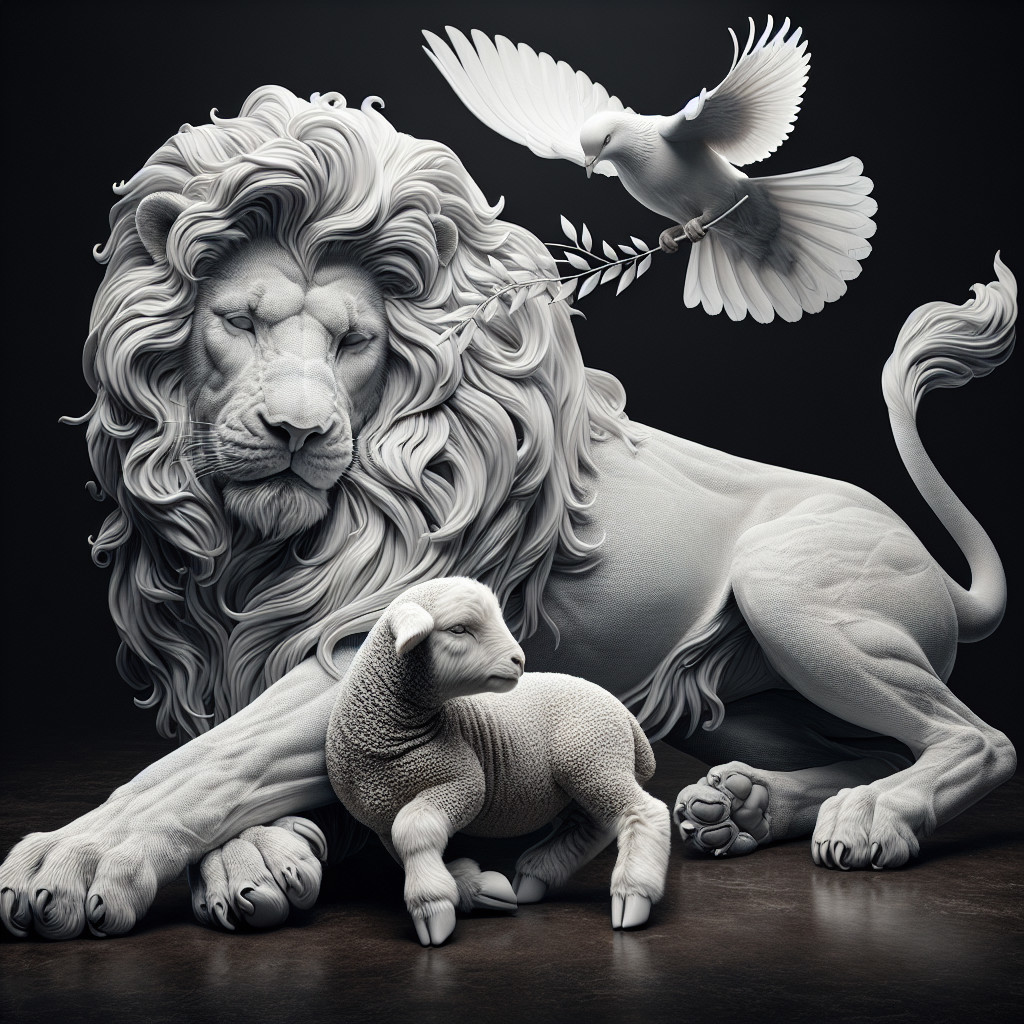 Monochromatic White Sculpture of Lion, Lamb, and Dove