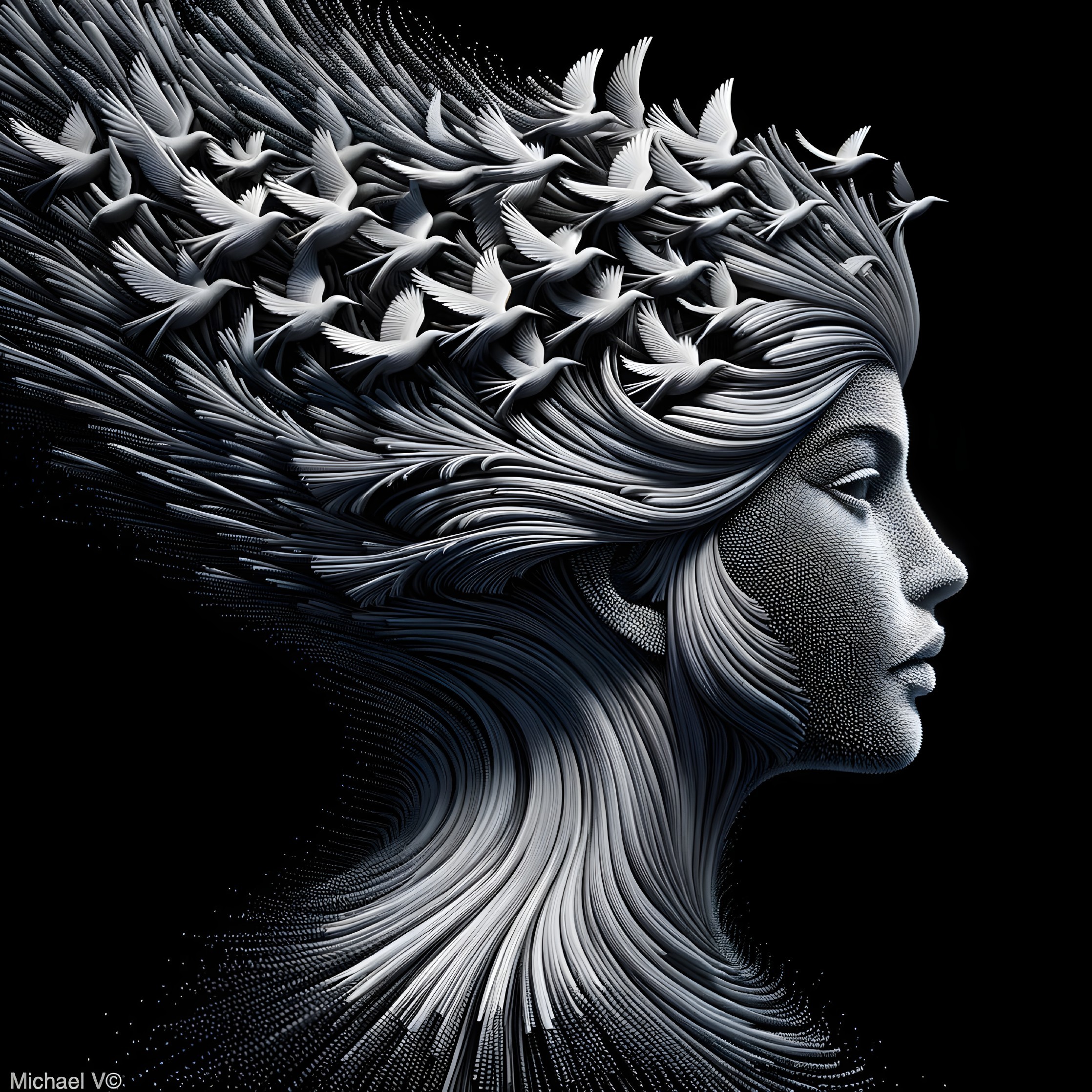 Stylized profile of a woman with flowing hair and birds