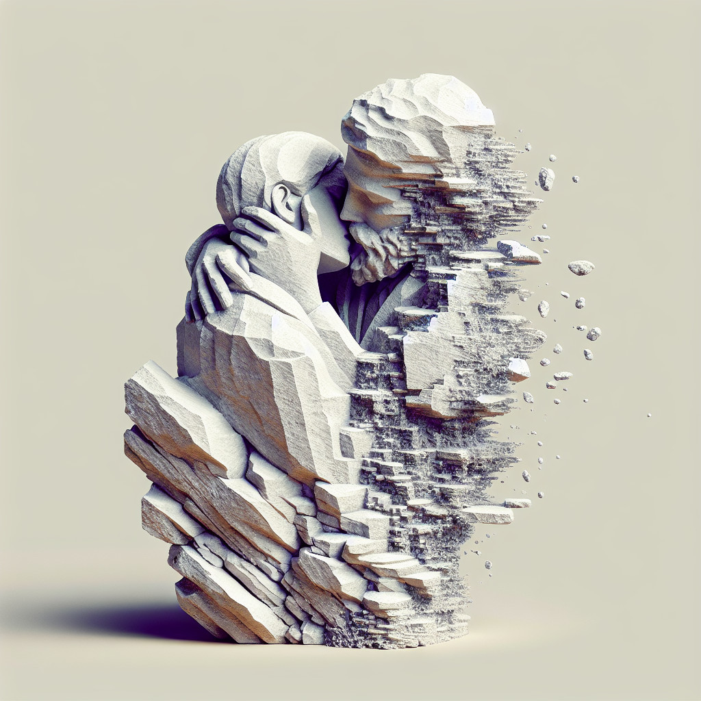 Sculpture of Embracing Figures in Stone with Fragmentation