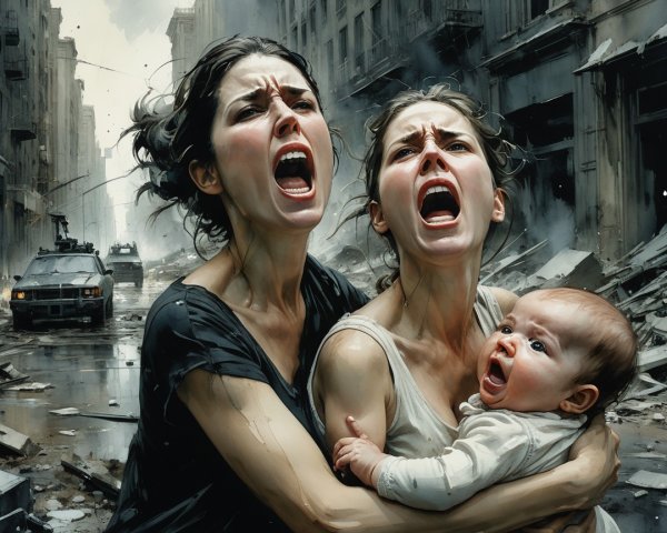 Desolate Urban Scene with Two Women in Distress