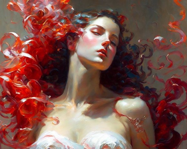 Oil Painting of a Woman with Closed Eyes and Red Hair
