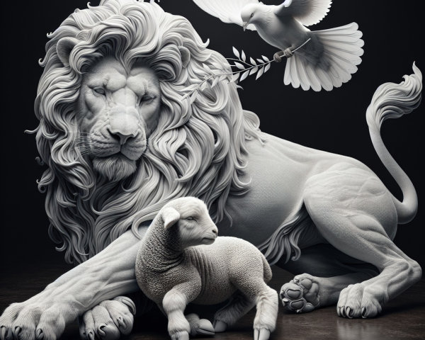 Monochromatic White Sculpture of Lion, Lamb, and Dove