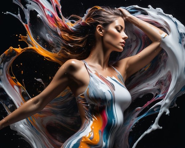 High-contrast headshot of a woman in paint splashes