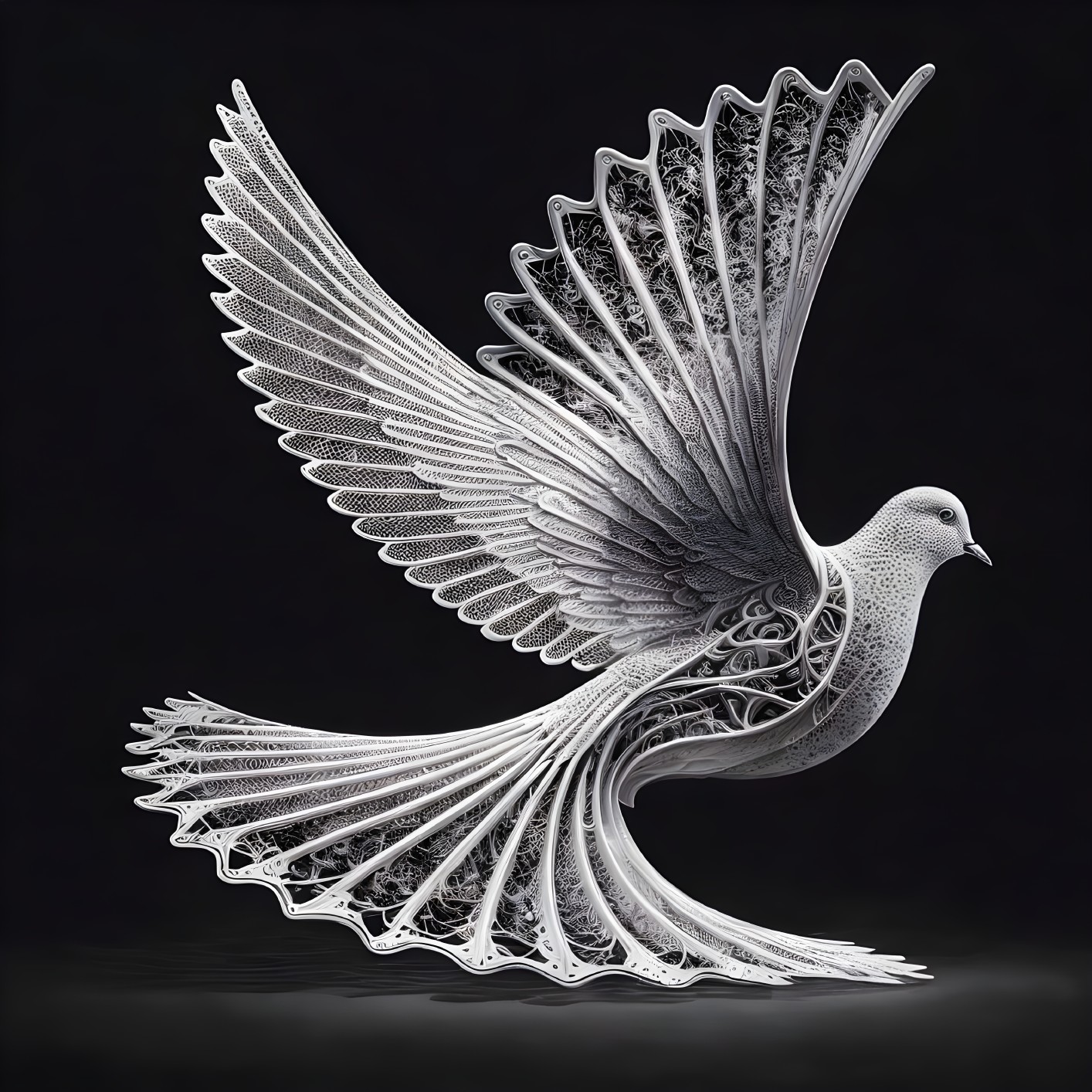 Intricate White Bird with Lace Wings in Flight