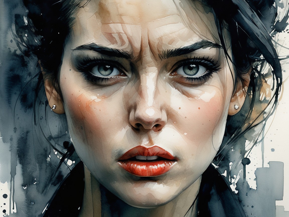 Portrait of a woman with expressive eyes in watercolor