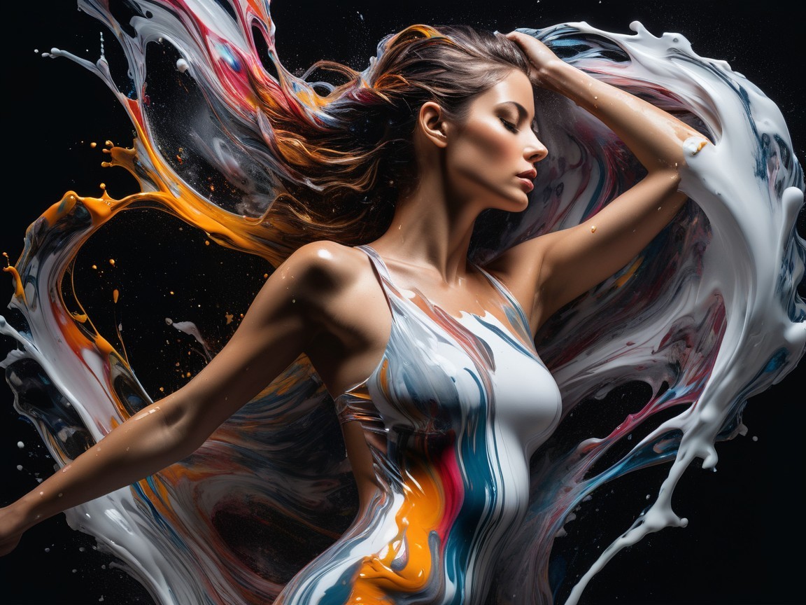 High-contrast headshot of a woman in paint splashes