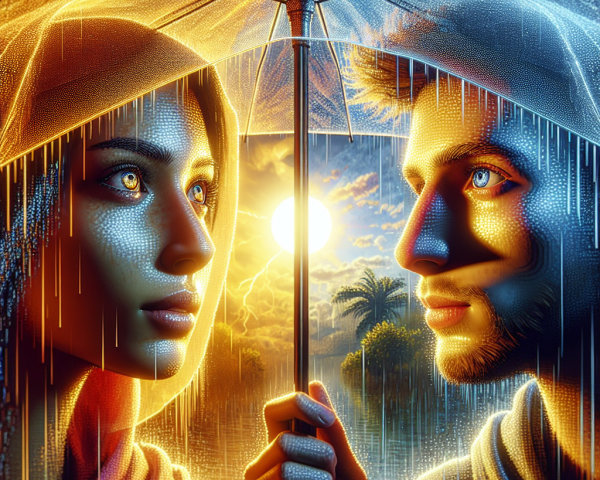 Digital Artwork of Couple Under Umbrella at Sunset
