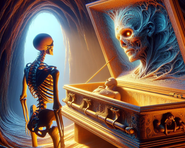Surreal Cavern with Skeletal Figure and Coffin