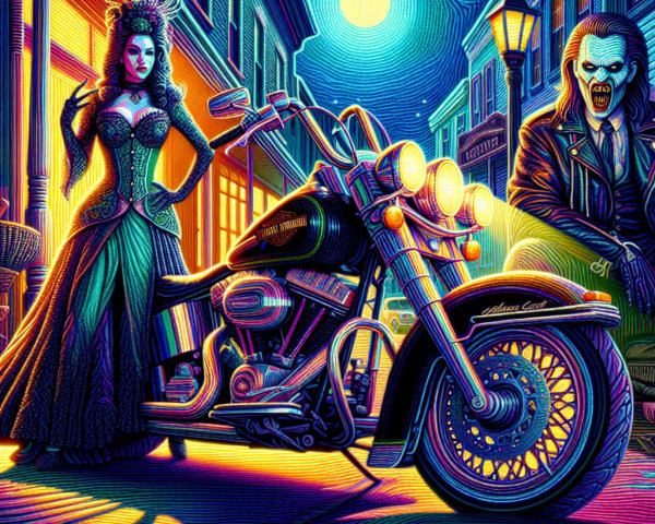 Gothic Woman in Dark Gown Beside Motorcycle at Night