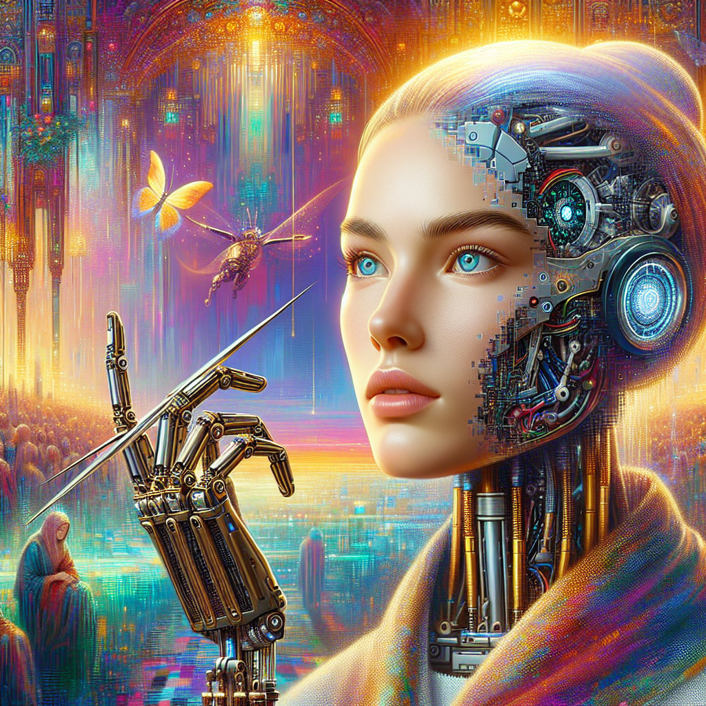 Futuristic Humanoid with Robotic Face in Dreamlike Setting