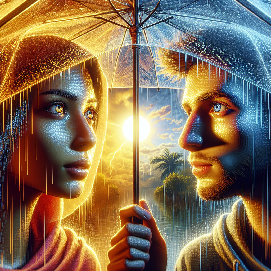 Digital Artwork of Couple Under Umbrella at Sunset